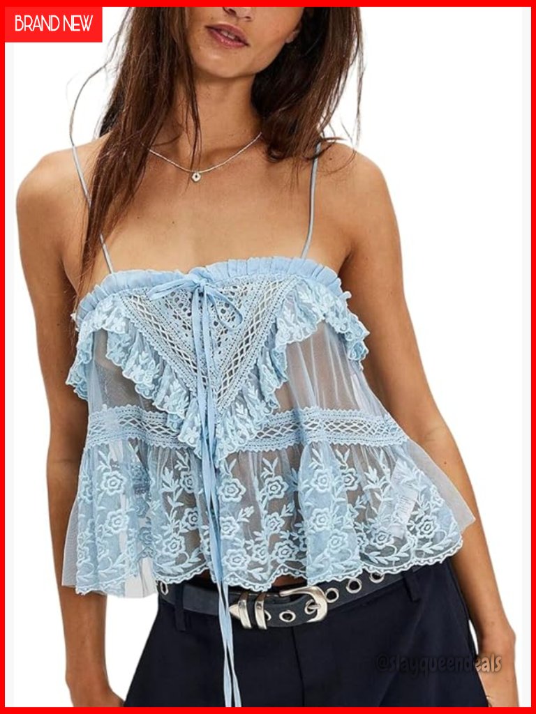 Sheer Lace Tie Front Tank Top Y2k Going Out Sleeveless Peplum Top